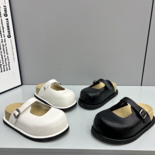 2026新款真皮厚底包头拖鞋女外穿皮带扣大头勃肯鞋一脚蹬懒人鞋女