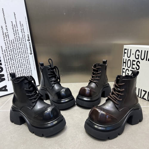 欧货真皮大头加绒松糕厚底马丁靴女英伦风小个子增高机车靴短靴子