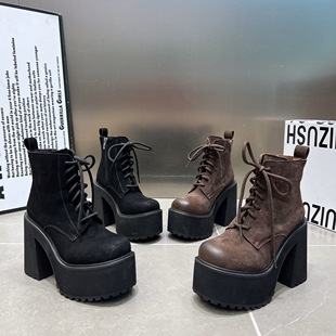 恨天高系带短靴女鞋2025新款磨砂绒面厚底粗跟马丁靴小个子高跟鞋