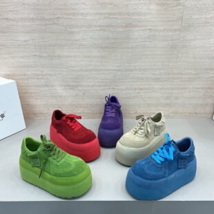 糖果色磨砂皮厚底松糕休闲鞋女2026新款真皮系带8cm小个子单鞋女