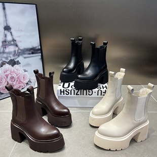 真皮及踝靴女裸靴2025新款 尖头厚底粗跟短靴9cm增高切尔西马丁靴