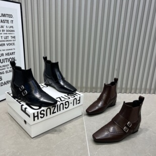 方头内增高5cm小皮鞋女2026新款皮带扣套筒短靴单靴及踝靴高帮鞋