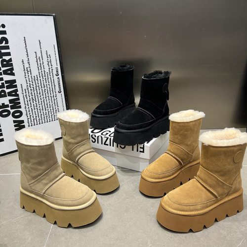 厚底松糕雪地靴女鞋2025新款真皮真毛中筒靴套筒短靴保暖棉鞋