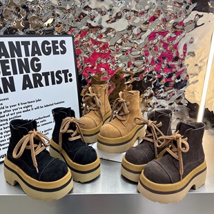 9cm厚底马丁靴女鞋 磨砂皮松糕系带休闲短靴小个子机车靴 2025新款