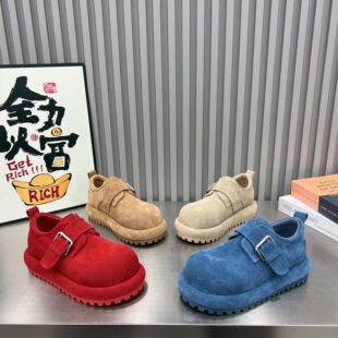 欧货厚底勃肯鞋女2026新款磨砂皮乐福鞋新年红色低帮单鞋休闲鞋女