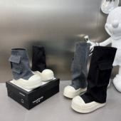 欧洲站牛仔布小众设计机车靴马丁靴口袋长筒靴擦色厚底裤 管靴女鞋