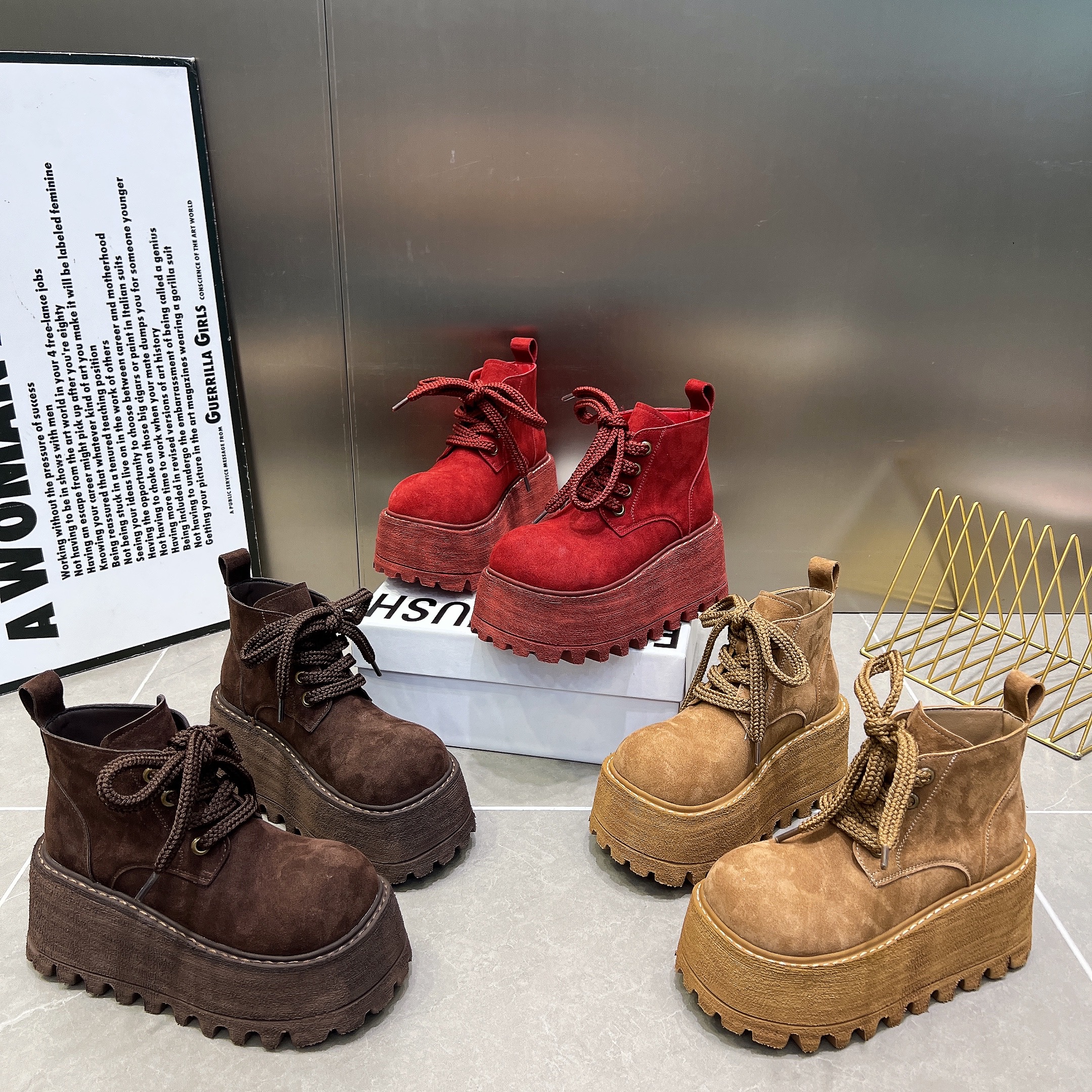 磨砂真皮休闲短靴女2025新款厚底松糕系带马丁靴小个子增高及踝靴