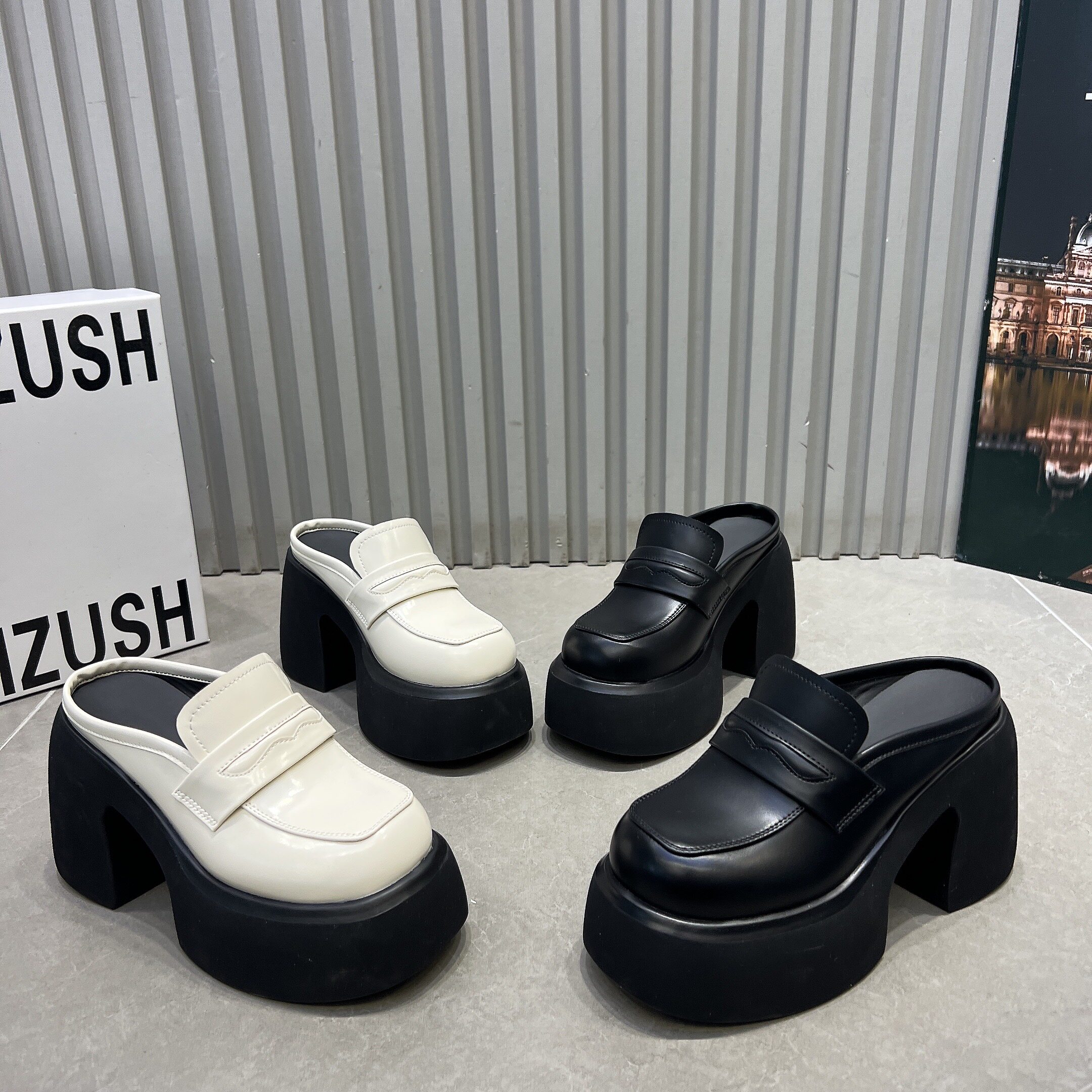 9cm厚底粗跟包头半拖鞋女黑色一脚蹬懒人鞋小个子松糕底高跟鞋女