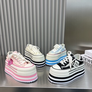 低帮鞋 7cm厚底松糕帆布鞋 小个子板鞋 布面系带休闲鞋 女 女2026新款