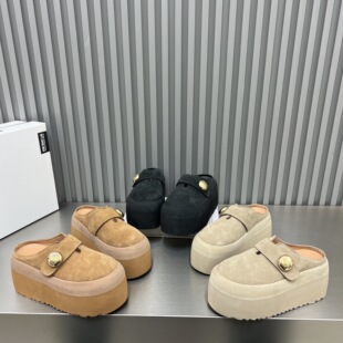 女 皮带扣7cm增高懒人休闲包头半拖鞋 厚底磨砂皮勃肯鞋 女2026新款