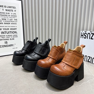 10cm超高跟及踝短靴女2025新款真皮厚底松糕圆头个性高帮鞋乐福鞋