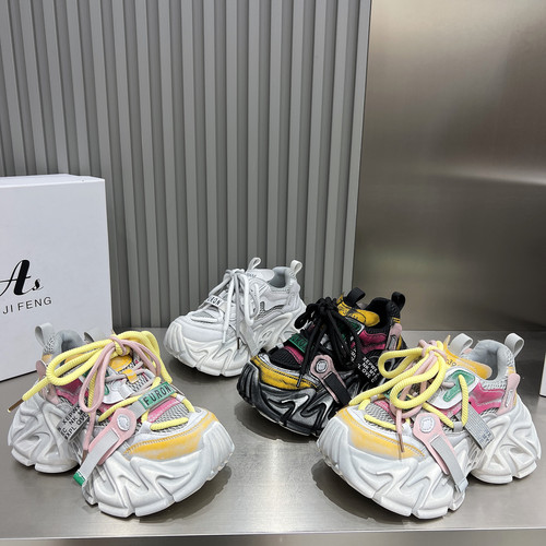 拼色做旧老爹鞋女2026新款7cm厚底松糕系带网面单鞋时尚休闲鞋女