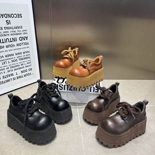 8cm增高休闲鞋 大头个性 真皮厚底松糕系带小皮鞋 女2025新款 乐福鞋