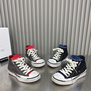 欧货牛仔布高帮鞋女2026新款拼色系带帆布板鞋显瘦复古百搭休闲鞋