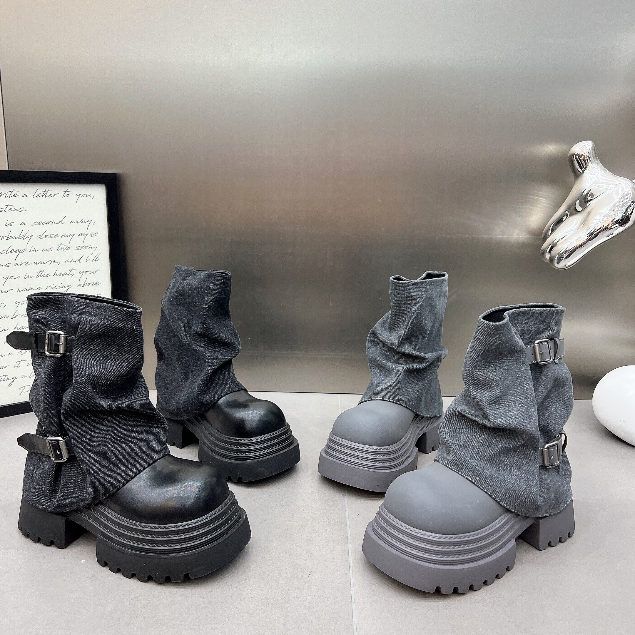 欧货大头牛仔布堆堆靴裤管靴厚底松糕皮带扣机车靴短靴马丁靴女鞋