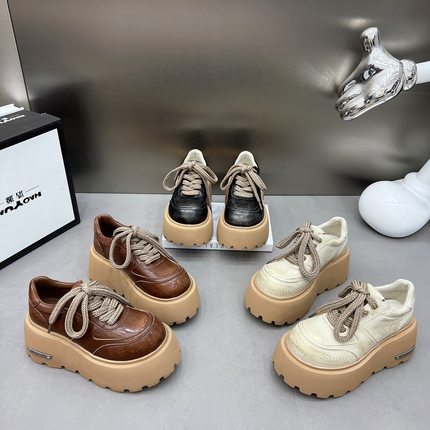 厚底7cm增高小皮鞋女2025新款压花皮系带休闲鞋小个子低帮单鞋女