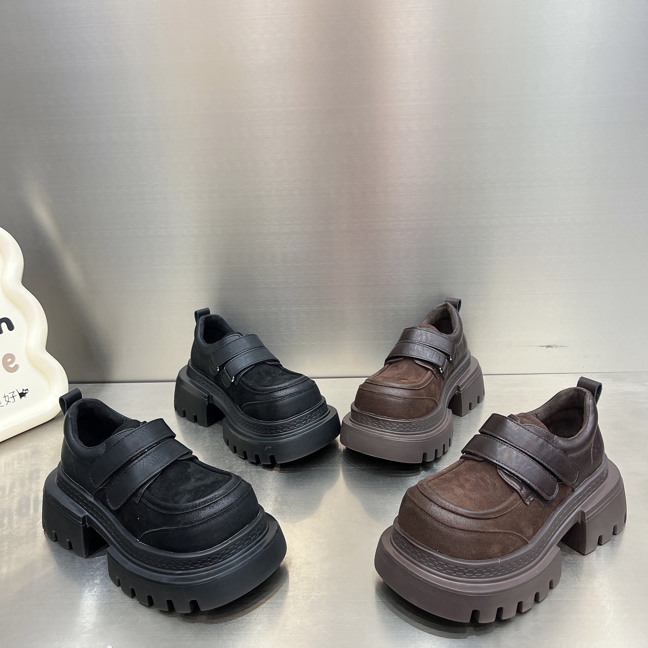 真皮拼接厚底乐福鞋女鞋2025新款魔术贴小皮鞋7cm小个子增高鞋