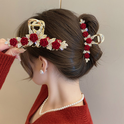 新年红色玫瑰发夹女2023新款
