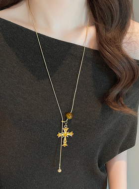 银色中古十字架长款项链女款秋冬