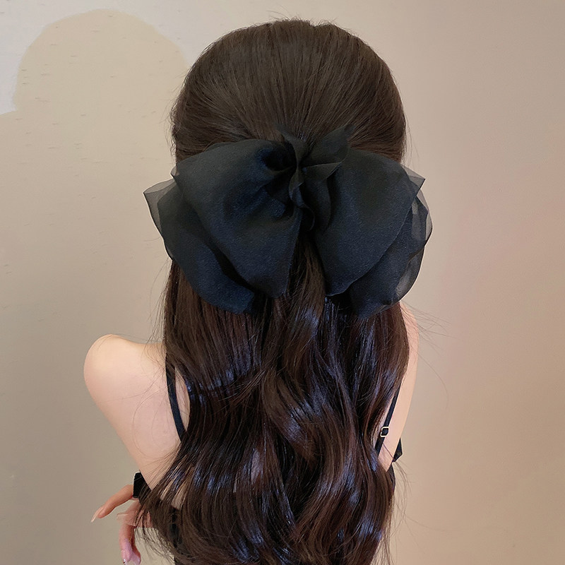 超仙高级感蝴蝶结后脑勺高颅顶黑色网纱2023年新款弹簧夹发夹子