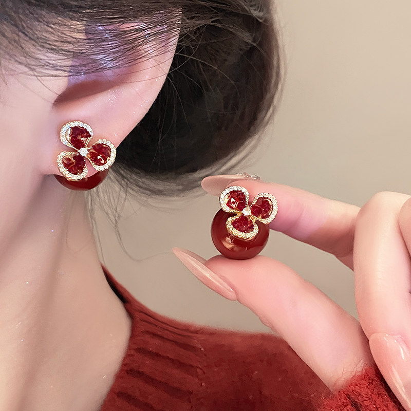 红色花朵珍珠微镶耳环女高级感轻奢独特漂亮耳饰2025新款爆款耳钉