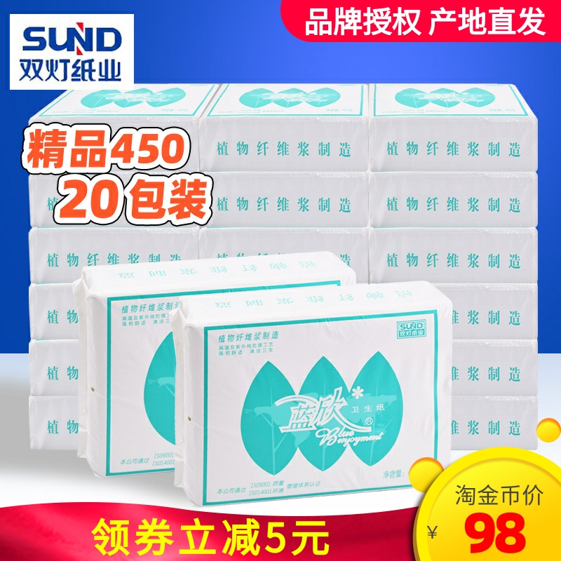 双灯蓝欣平板卫生纸精品450草纸20包家用厕纸家庭实惠白色擦手纸