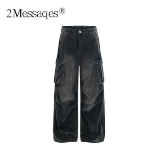 2Messages 美式复古渐变灯芯绒工装裤男女多口袋水洗做旧宽松直筒