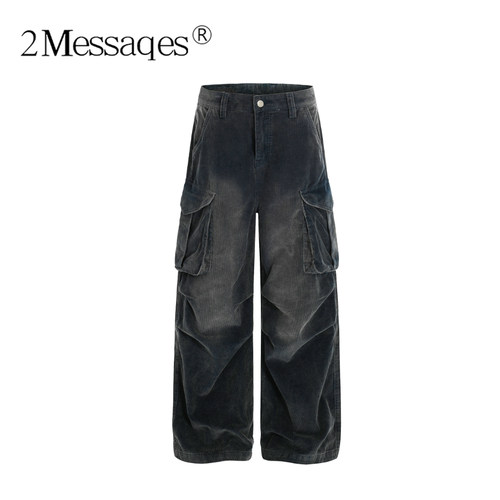 2Messages 美式复古渐变灯芯绒工装裤男女多口袋水洗做旧宽松直筒