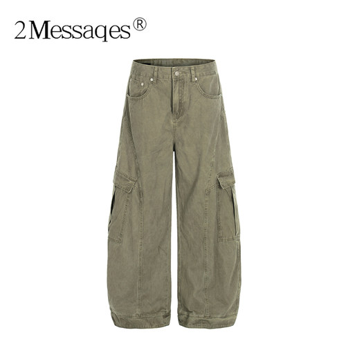 2Messages 美式复古多口袋工装弯刀裤男女宽松阔腿小众设计长裤