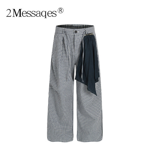 2Messages 复古格纹可拆卸方巾长裤三刀切褶立裁廓形宽松休闲裤男