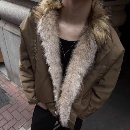 2Messages美式复古皮草棉服男冬季加厚保暖外套 座山雕毛领宽松款