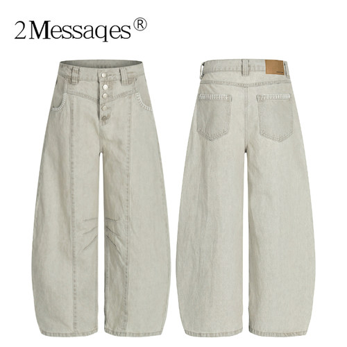 2Messages 美式复古弯刀牛仔裤男士阔腿直筒纽扣解构宽松休闲长裤