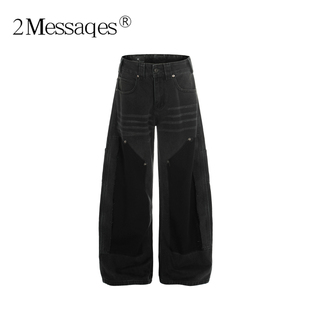 2Messages 美式复古双膝拼接伐木弯刀牛仔裤男女做旧水洗宽松长裤