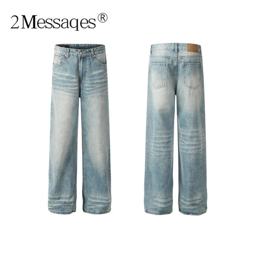 2Messages冰川蓝美式水洗做旧猫须牛仔裤 宽松直筒高街cleanfit