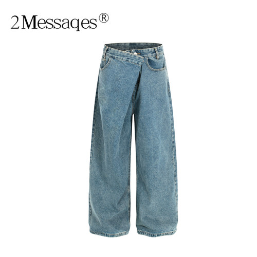 2Messages 美式复古折叠腰不对称斜扣牛仔裤男女水洗宽松阔腿直筒