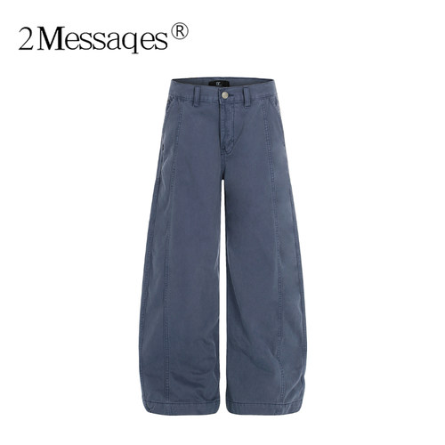 2Messages 美式cleanfit法工蓝做旧立体中线宽松弯刀阔腿牛仔裤