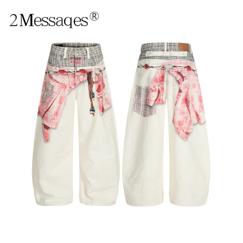 2Messages弯刀拼色牛仔裤男美式复古阔腿秋冬做旧3D打印宽松设计