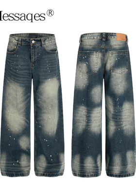 2Messages 美式复古泼墨水洗牛仔裤男女宽松直筒弯刀做旧阔腿裤潮