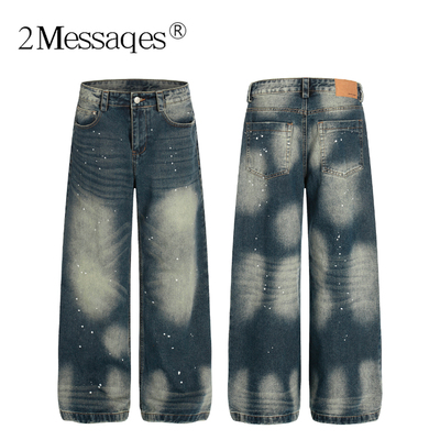 2Messages 美式复古泼墨水洗牛仔裤男女宽松直筒弯刀做旧阔腿裤潮