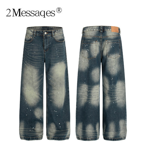 2Messages 美式复古泼墨水洗牛仔裤男女宽松直筒弯刀做旧阔腿裤潮