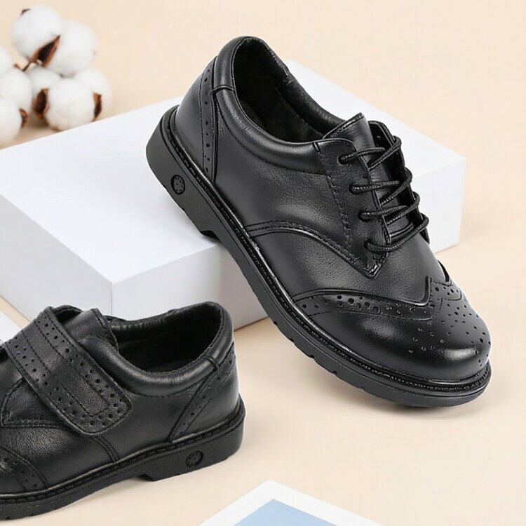 头层牛皮皮鞋男孩中大童系鞋带款大码青少年学院风表演出皮鞋男生