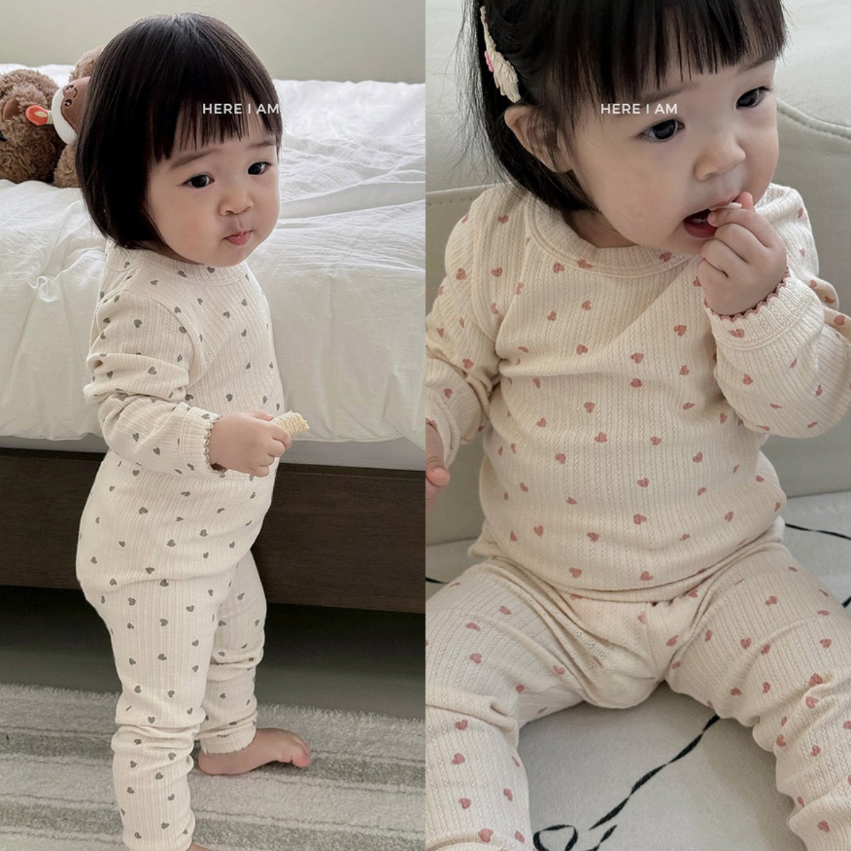 韩国进口婴幼童装女童甜美温柔爱心家居服套装春秋睡衣打底秋衣