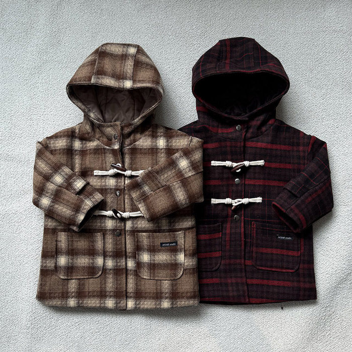 韩国进口婴幼童装秋冬季复古格子防风连帽外套时髦中长款呢子大衣