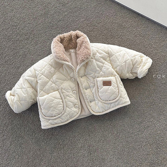 现货韩国进口婴幼童装冬款时尚复古加绒加厚保暖棉衣外套格纹棉袄
