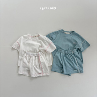 韩国进口婴幼童装夏季简约柔软薄棉休闲运动短袖短裤套装LALALAND