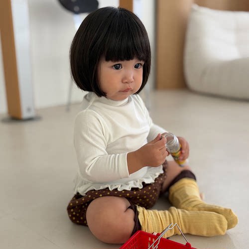 韩国进口婴幼小童装女童春秋甜美木耳花边柔软中领打底衫上衣CHIP