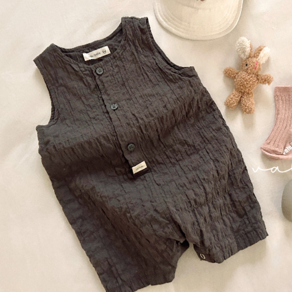 韩国进口婴儿夏季皱面纯棉无袖爬服背心男女宝宝日系半开领连体衣