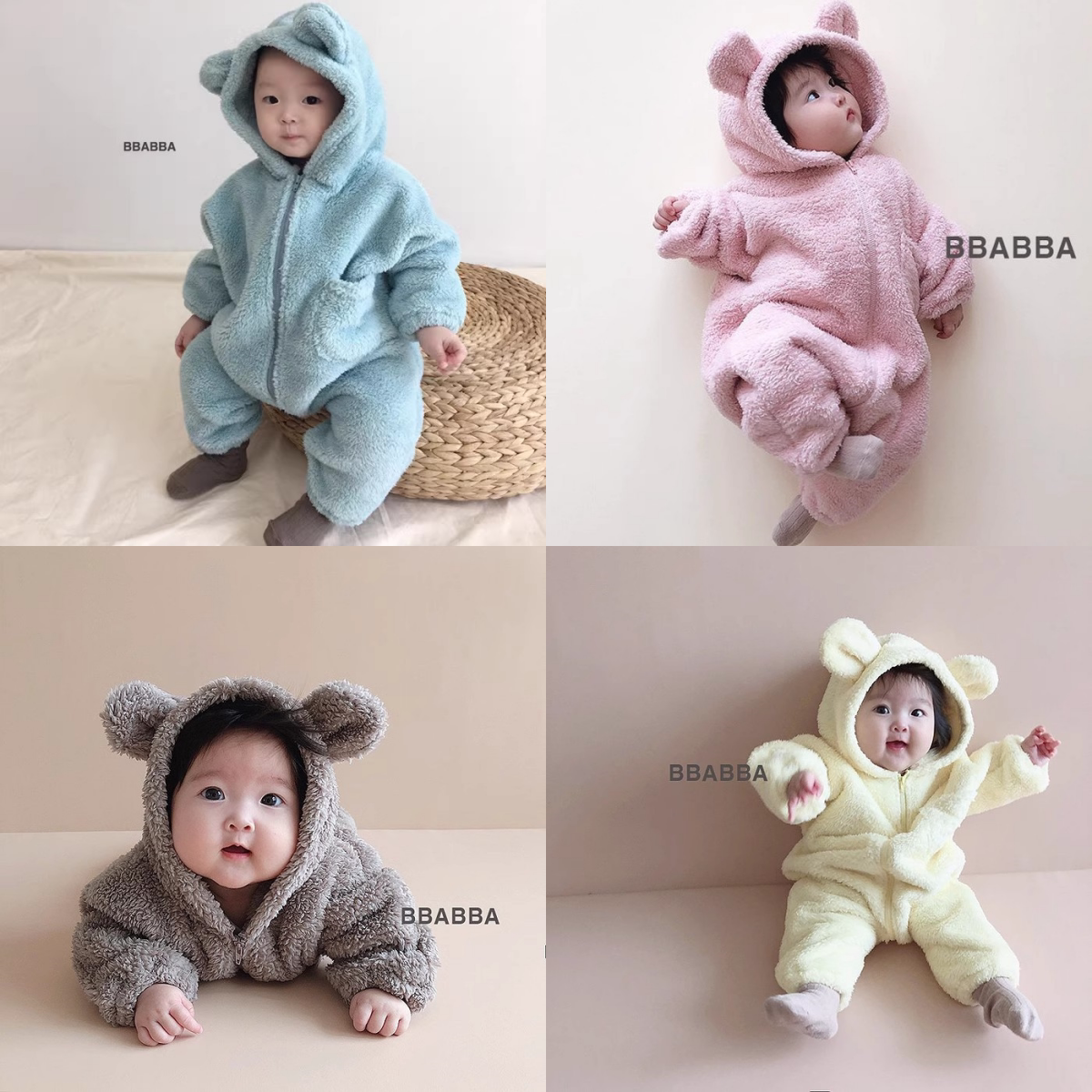 现货韩国进口婴幼儿可爱毛绒小熊连体衣珊瑚绒加厚保暖爬服外出服