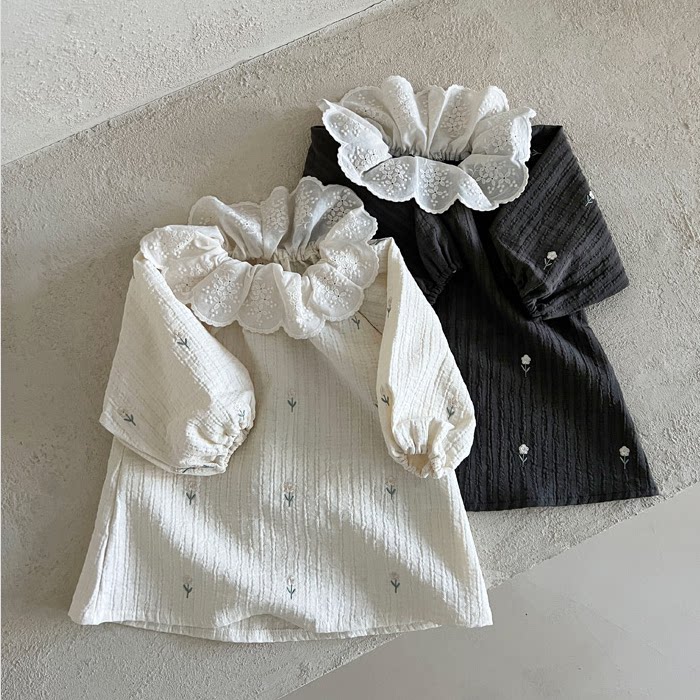 韩国进口婴幼童装女童春秋可爱甜美花边翻领连衣裙刺绣小花娃娃裙
