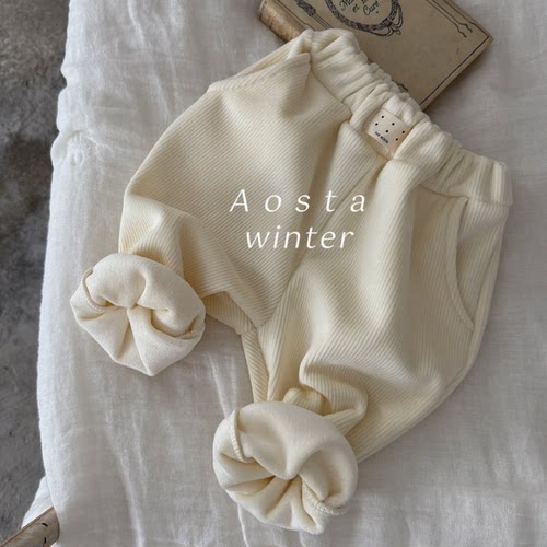 韩国进口婴幼童装简约加绒加厚条绒休闲裤冬款保暖束脚裤AOSTA
